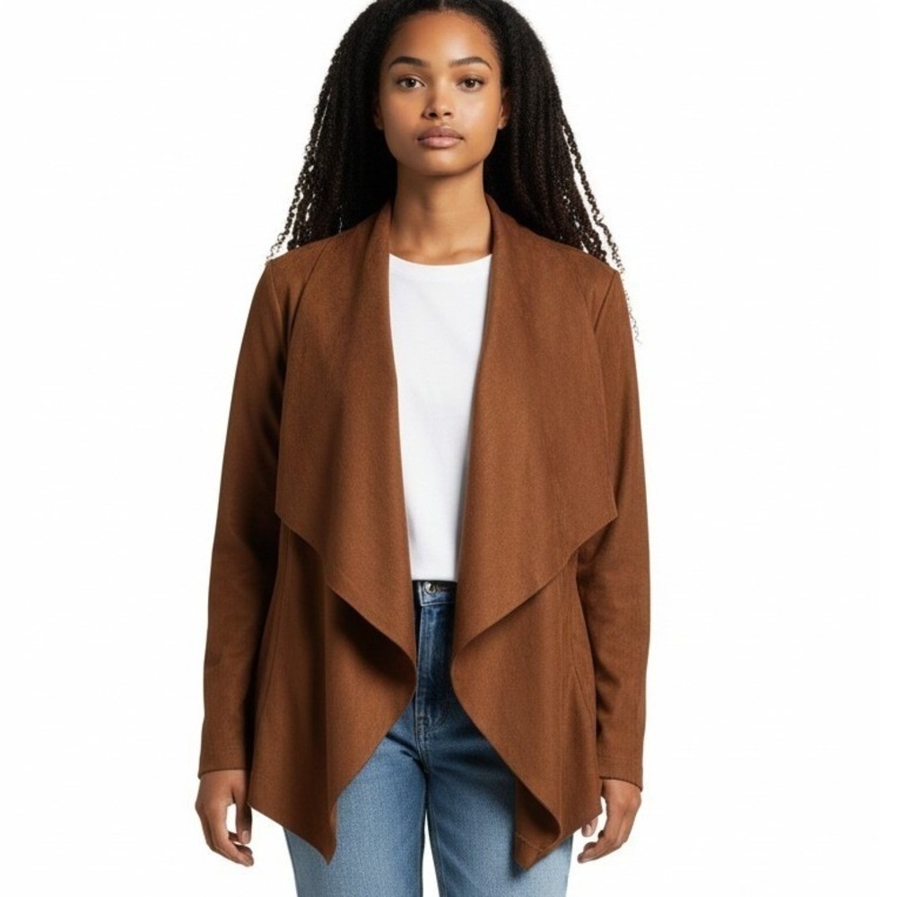 Cognac Brown Faux Suede Draped Open Front Waterfall Jacket Coat Relaxed Fit XL